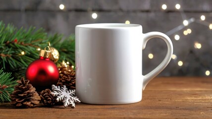 Fototapeta premium White mug with christmas decorations on wooden table with fairy lights.Christmas mockup concept.
