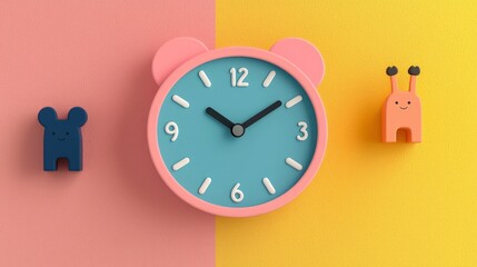 Cute cartoon characters with alarm clock on pastel background.