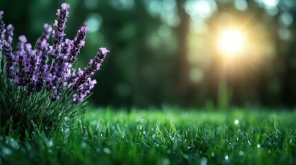 Obraz premium Lavender flowers glisten with dew in vibrant sunlight amidst lush green grass, symbolizing nature's beauty and serenity, evoking tranquility and peace.