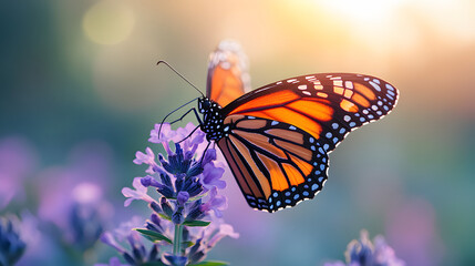 Fototapeta premium A butterfly is sitting on a purple flower. The butterfly is orange and black. The flower is purple and has a few leaves