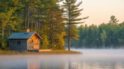 A wooden cabin sits on the shore of a lake with fog rolling in at sunrise.