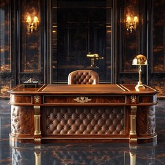 Elegant Wooden Desk in Opulent Classic Interior with Vintage Decor