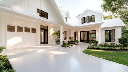Fototapeta premium This elegant modern home features an open courtyard with lush greenery, boasting a sophisticated design that speaks to luxury and peace in an idyllic setting.