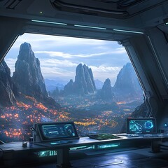 Futuristic Alien Landscape with Energy-Powered Control Panel in Spacecraft Cockpit