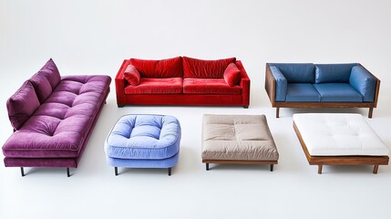 Five different modern sofas in vibrant colors and clean minimalist designs.