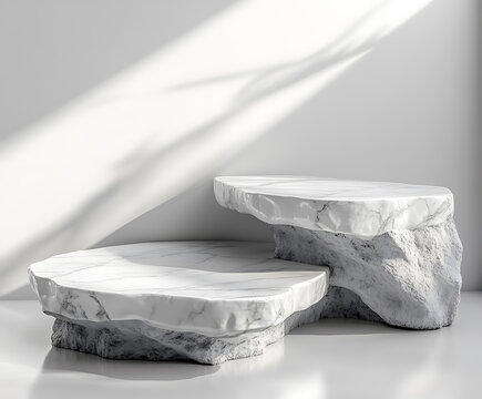 Elegant Two-Tiered Marble Display Stand Against a White Wall, Bathed in Soft Sunlight