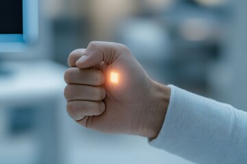 A close-up view of an LED display integrated into a hand, showcasing its potential for real-time health monitoring and data visualization.