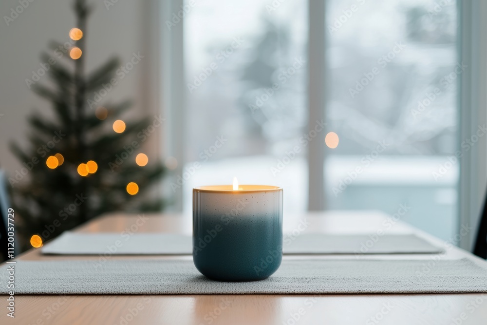 Poster Burning candle creating cozy atmosphere on table with christmas tree in background