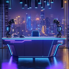 Futuristic Cityscape with Glowing Neon Lights and Skyscrapers at Night