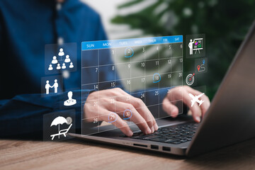 Time Management of work, Calendar planning, Agenda work schedule concept, Businesswomen workflow, Organize schedules and important dates, Holiday and travel, Health checkup, Balance Time management