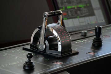 Detail shot of the throttle controls, radar and ship's systems in the bridge of a modern superyacht, with dark leather interior © lupiphoto
