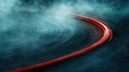 A dramatic scene showing a racetrack's sharp red curve enveloped in swirling mist, capturing the essence of speed, motion, and anticipation in motorsport.