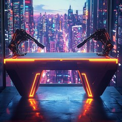 Futuristic Cityscape with Glowing Neon Skyscrapers at Night