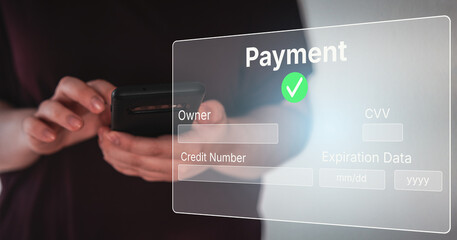 Woman holds mobile with banking interface on smartphone for payment. Shopping online concept. Financial transfer.