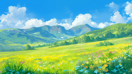 Obraz premium kawaii anime cartoon spring season blooming flower Meadow and mountain forest happy day background