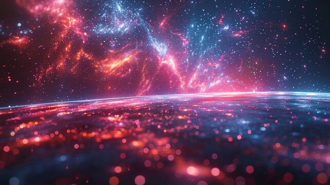Celestial event over earth stunning cosmic display digital art vibrant colors space environment wide angle astronomy concept