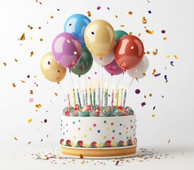 3D Realistic Birthday Balloons and Cake. High Resolution Holiday Illustration with Lens Focus on White Background.