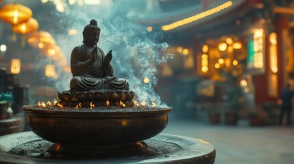 Slats personalizados com paisagens com sua foto A small statue of Buddha sits on a stone base with incense burning in front of it. Smoke billows upward in front of the statue and the background of the image is a temple with glowing lights.