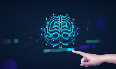 A hand showing AI tech with AI brain concept, artificial intelligence cyber security, digital...