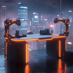 Futuristic cityscape with glowing skyscrapers and digital infrastructure at night