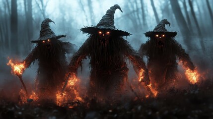 Three mysterious figures with fiery torches advance through a misty forest, their ragged forms and glowing eyes enhancing the sense of ancient dread and danger.