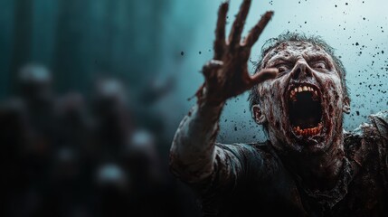 A ferociously intense zombie, covered in grime, lunges forward with an outstretched, clawed hand, conveying a sense of imminent threat and exhilarating terror.