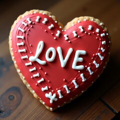Valentine heart cookie. A heart-shaped cookie with red icing and the word "love" written in white.