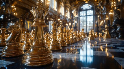 Fototapeta premium A close-up of a large, golden chess set on a black and white checkered floor in a grand hall. 