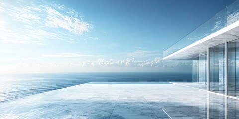 Create a high-resolution image of a modern, minimalist architectural scene featuring a luxurious glass-walled building overlooking a vast ocean