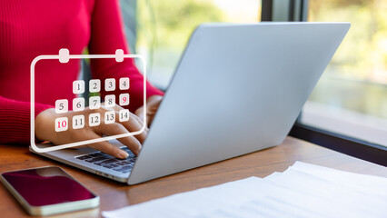 Business woman show dates on virtual calendar, Managing his business schedule, Setting reminders for important appointments, creative collage for planning ideas, Appointment scheduler.