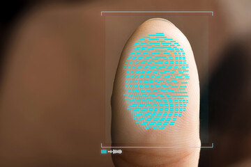 Woman pressing finger to surface showing friction ridges pattern, closeup. Scanning fingerprint