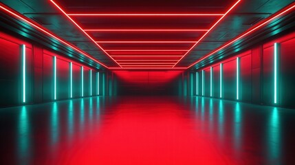 Fototapeta premium A digital space featuring vibrant red and teal neon lights, creating a futuristic and immersive atmosphere with reflective surfaces.