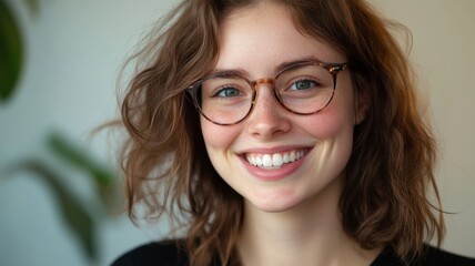 Obraz premium Happy woman with curly hair and glasses, beaming on a sunny day in the city