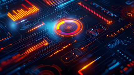Obraz premium Futuristic digital interface with glowing graphs, charts, and data visualization elements.