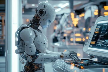 Fototapeta premium Create a highly detailed, futuristic laboratory setting with a focus on a humanoid robot working at a high-tech workstation