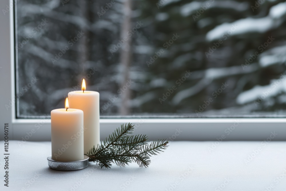 Poster two burning candles and pine twig creating cozy winter atmosphere by the window