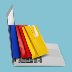 Laptop with shopping bags on light blue background. Concept of online shopping, purchase via internet