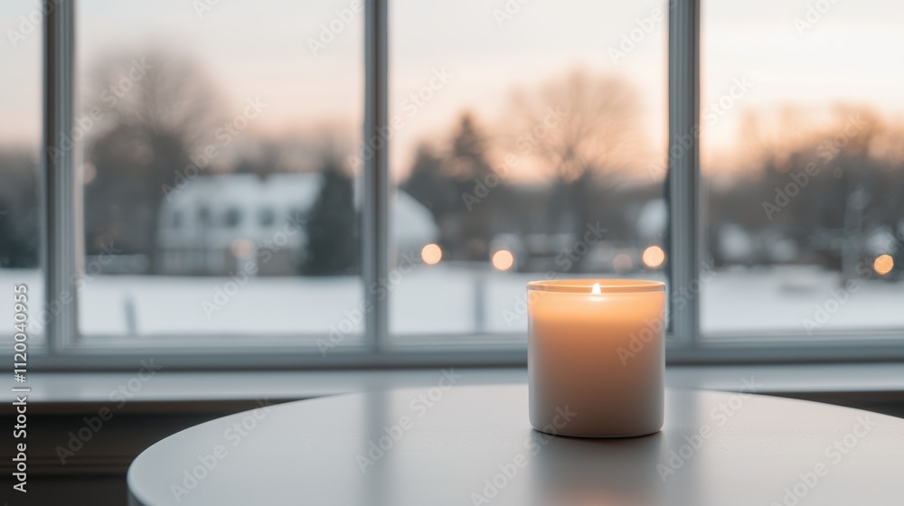 Poster burning candle creating warm atmosphere in snowy landscape by the window