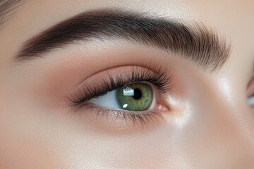 Obraz premium Close-Up Portrait of Young Woman's Beautiful Eye, Perfect Smooth Skin, Perfectly Shaped Eyebrow and Luscious Long Lashes. Beauty Products, Cosmetics, Make-Up. Advertisement of Eco Treatment, Skin Care