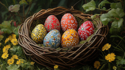 Colorful Easter Eggs in a Wicker Basket Amongst Spring Flowers.A beautifully detailed wicker basket overflowing with vibrantly decorated Easter eggs sits amidst a vibrant spring meadow filled with col