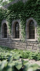 Three wooden framed windows are seen against a textured stone wall covered with lush green ivy, creating a serene and natural aesthetic in a quiet environment