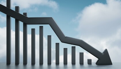 Abstract black downward chart arrow on light sky with clouds and mock up place backdrop. Down, drop, finance and crisis concept. 3D Rendering.
