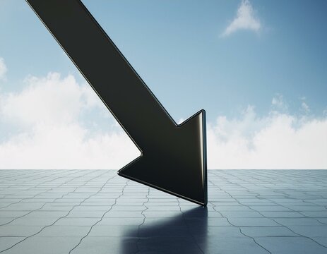 Abstract black downward chart arrow on light sky with clouds and mock up place backdrop. Down, drop, finance and crisis concept. 3D Rendering.