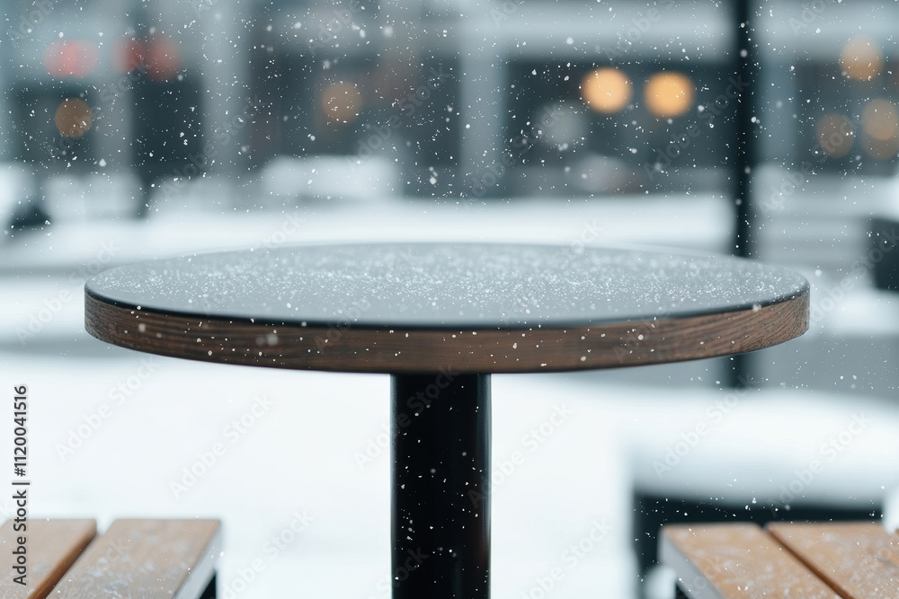 Poster snow falling on empty cafe table in soft morning light, cozy and tranquil winter setting