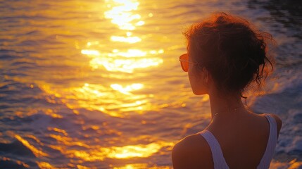 Fototapeta premium A woman with curly hair and sunglasses, wearing a white tank top, sits by the ocean and looks out at the sunset.