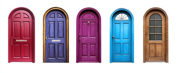 A set of five colorful doors isolated against a white background, showcasing various designs.