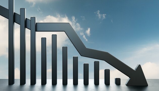 Abstract black downward chart arrow on light sky with clouds and mock up place backdrop. Down, drop, finance and crisis concept. 3D Rendering.