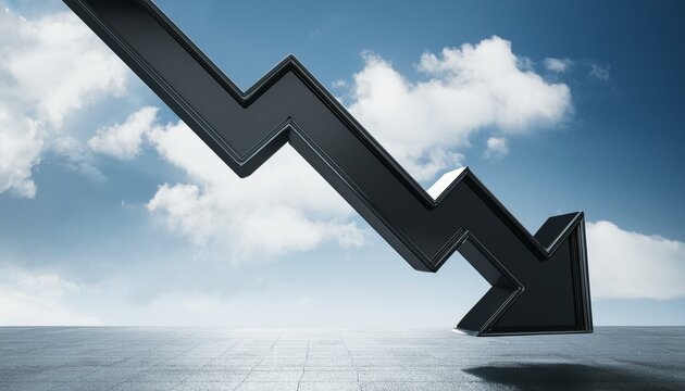 Abstract black downward chart arrow on light sky with clouds and mock up place backdrop. Down, drop, finance and crisis concept. 3D Rendering.