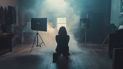 A woman sits in a dark studio filled with smoke, illuminated by a single window and surrounded by photography equipment.