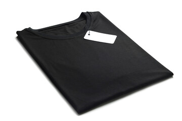 Black t-shirt with tag on white background. Mockup for design